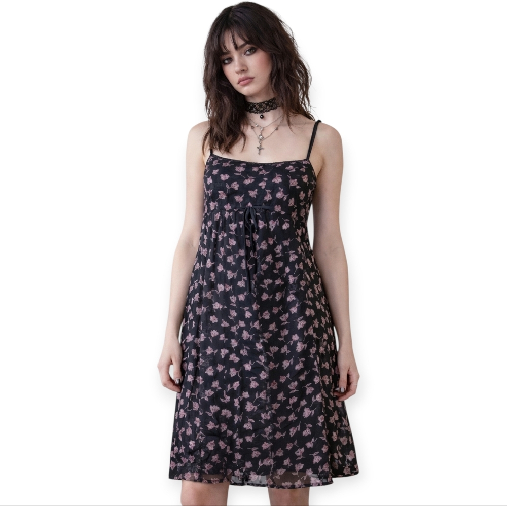 Vintage Dark Floral Devore Slip Dress Empire Waist Y2K Fairy Grunge Whimsigoth